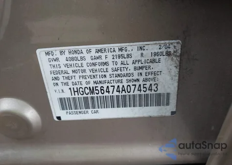 2004 Honda Accord 2.4 Lx from USA, damaged, VIN 1HGCM56474A074543